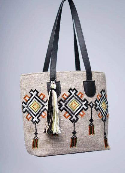 JS Junoon Women’s Jute Embroidered Shoulder Bag – Beige & Black, Stylish Eco-Friendly Handbag - JSJunoon.com