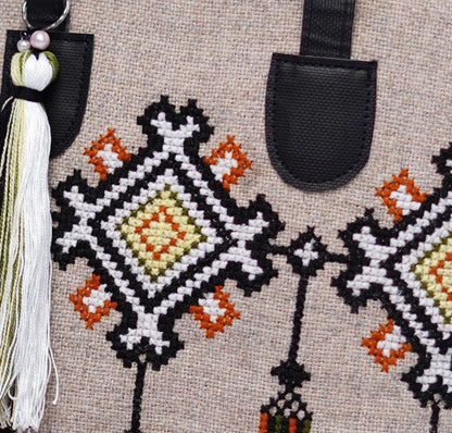 JS Junoon Women’s Jute Embroidered Shoulder Bag – Beige & Black, Stylish Eco-Friendly Handbag - JSJunoon.com