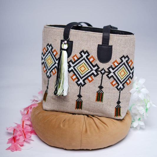 JS Junoon Women’s Jute Embroidered Shoulder Bag – Beige & Black, Stylish Eco-Friendly Handbag
