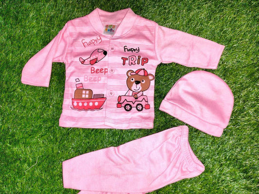 3 Pcs New Born Baby Suit | Soft Blended Fabric | Shirt, Trouser & Cap | Comfortable Infant Outfit