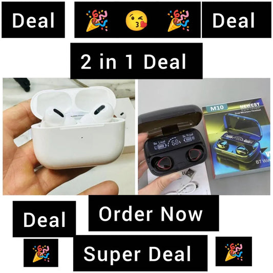 Super Combo Deal – M10 TWS & AirPods Pro 2 | Bluetooth 5.3 Wireless Earbuds with ANC & Super Bass – Black
