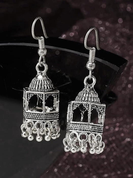 JS Junoon Silver Plated Jhumka Earrings – Traditional Women’s Jewelry (2 Pcs)