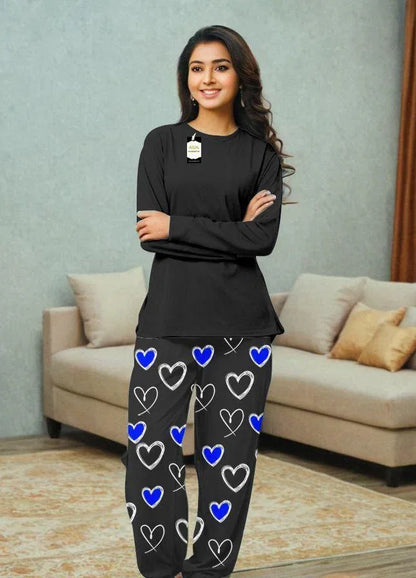 Women’s Black Cotton Jersey Plain Nightwear Set – 2 Pcs Round Neck Shirt & Trouser - JSJunoon.com