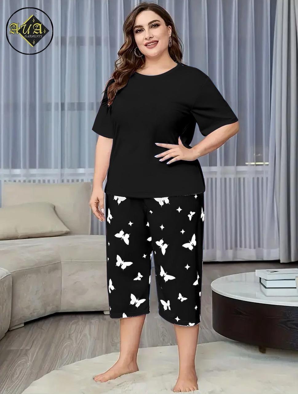 Women’s 2 Pcs Printed Capri Night Suit – Fine Cotton Jersey Shirt & Trouser (Black)