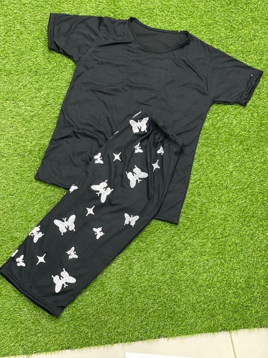 Women’s 2 Pcs Printed Capri Night Suit – Fine Cotton Jersey Shirt & Trouser (Black)