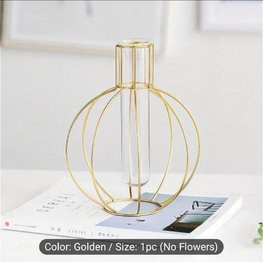 Golden Geometric Vase – Modern Metal & Glass Decorative Flower Vase, 5x5x7 Inch