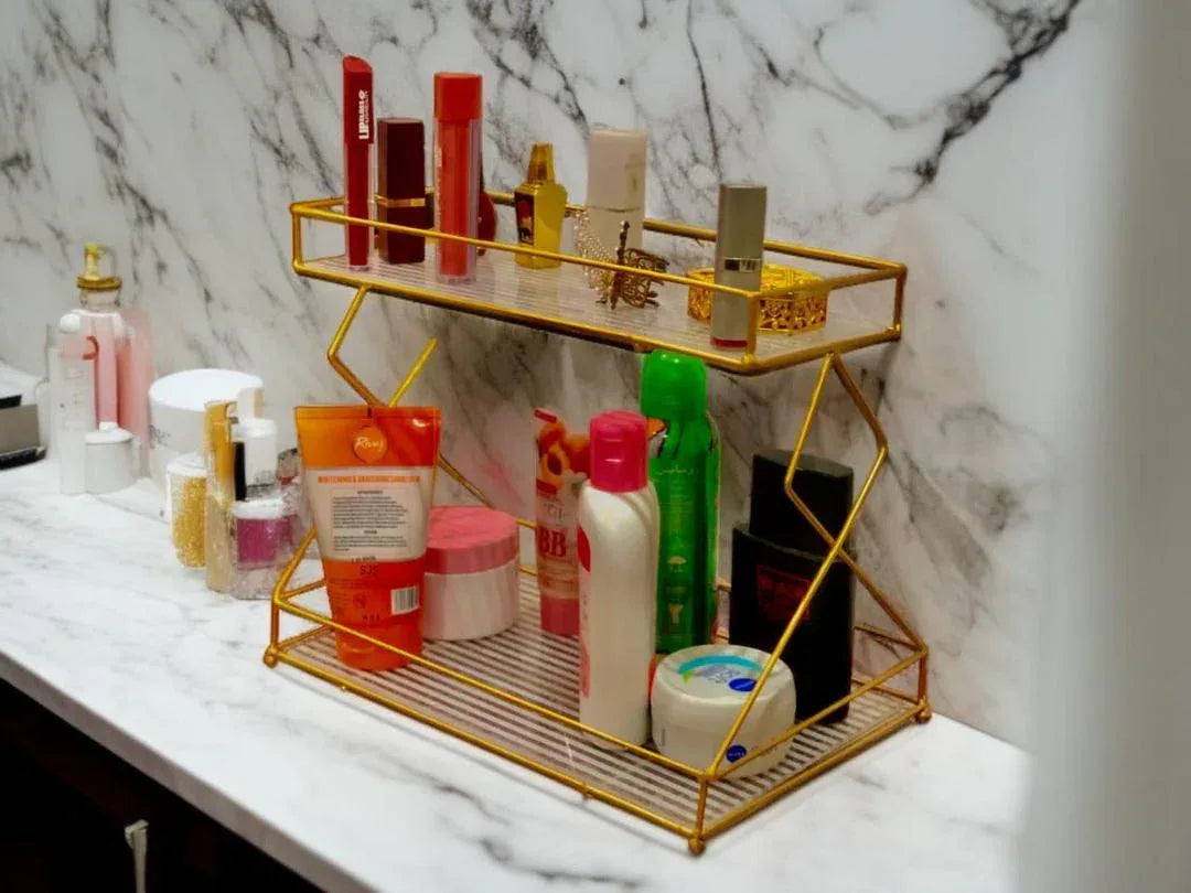 Stylish Double-Layer Makeup Organizer – Metal Cosmetic Shelf Rack - JSJunoon.com