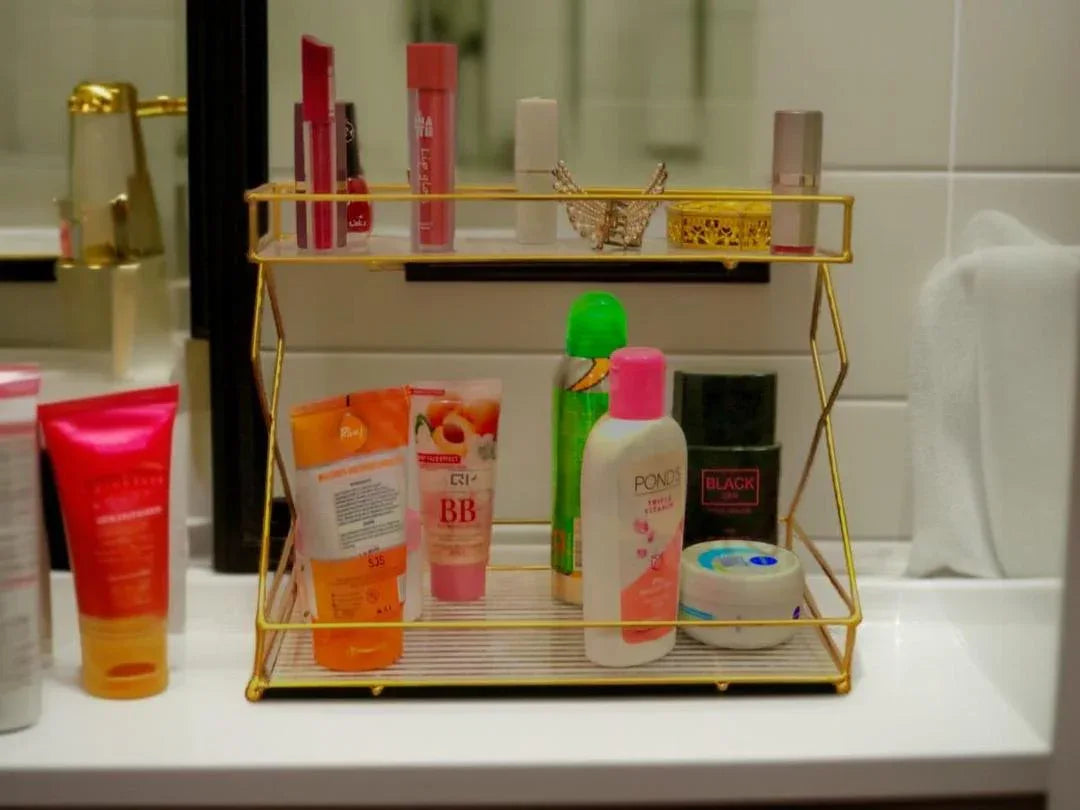 Stylish Double-Layer Makeup Organizer – Metal Cosmetic Shelf Rack - JSJunoon.com