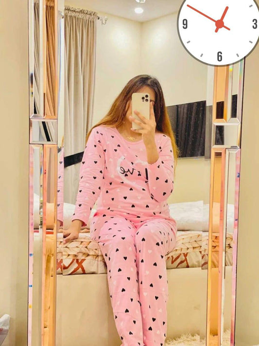 Women’s Cotton Jersey Printed Nightwear Set – 2 Pcs Sleep Shirt & Trouser