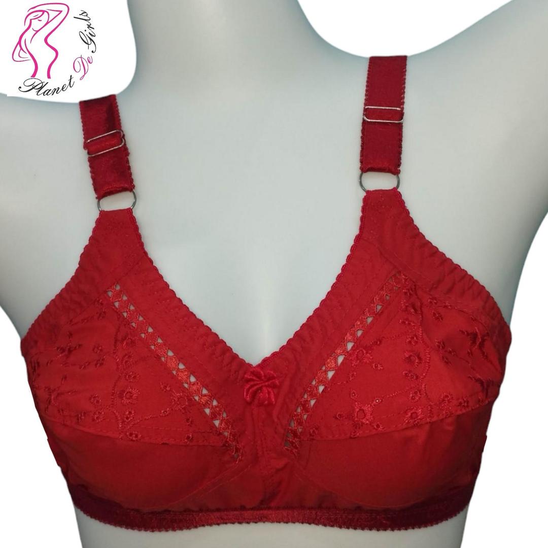 JS JUNOON Cotton Chikan Embroidered Comfortable & Lightweight Non-Padded Bra – Red
