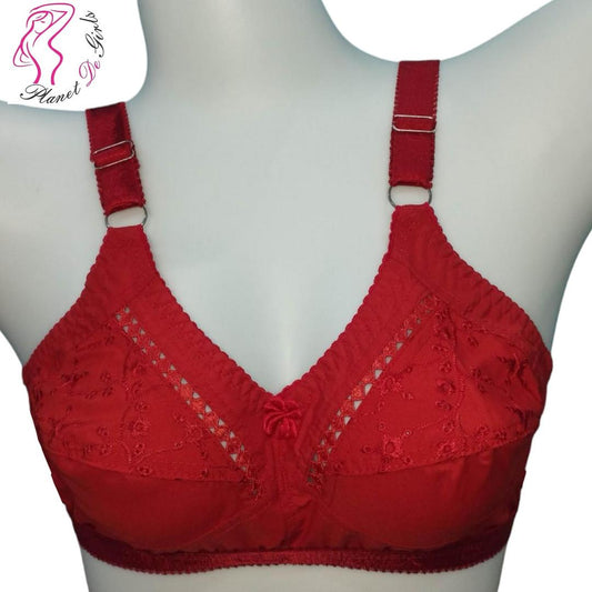 JS JUNOON Cotton Chikan Embroidered Comfortable & Lightweight Non-Padded Bra – Red