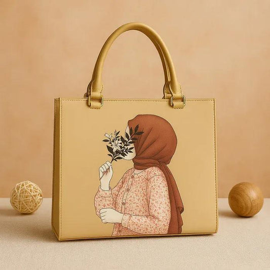 Women’s Canvas Printed Tote Bag – Stylish Beige Handbag with Top Handle