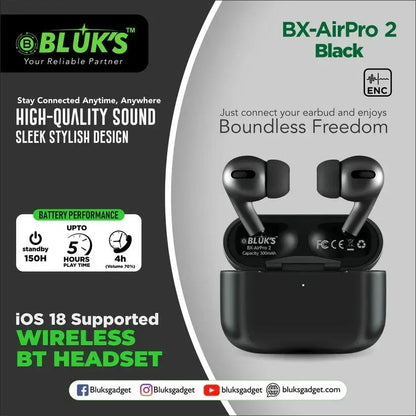 BXAirPro2 Black Wireless Airpods Bluetooth 5.3 | Long Battery | VVIP Quality – Black - JSJunoon.com