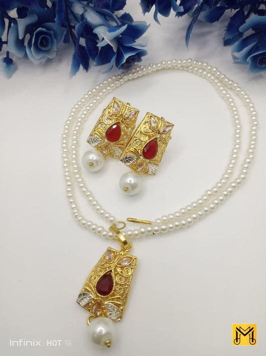 JS Junoon Square Design Gold Plated Gemstone Necklace – 3 Pcs Women’s Jewelry Set