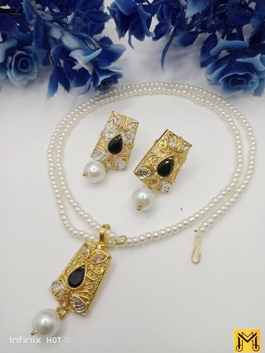 JS Junoon Square Design Gold Plated Gemstone Necklace – 3 Pcs Women’s Jewelry Set