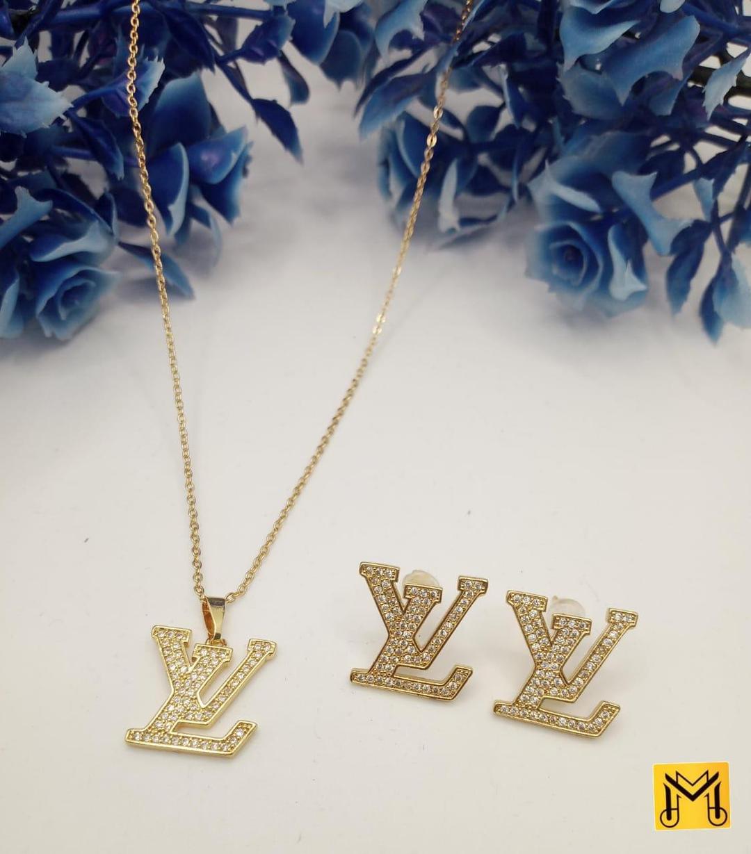 Women's Alphabet Design Gold Plated Gemstone Necklace Set – Unique 3 Pcs Jewelry Set