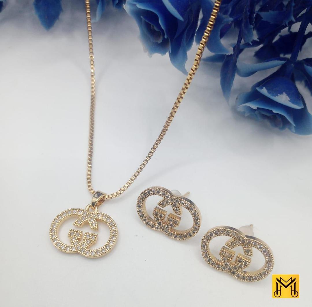 Women's Alphabet Design Gold Plated Gemstone Necklace Set – Unique 3 Pcs Jewelry Set
