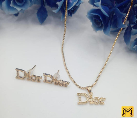 Women's Alphabet Design Gold Plated Gemstone Necklace Set – Unique 3 Pcs Jewelry Set