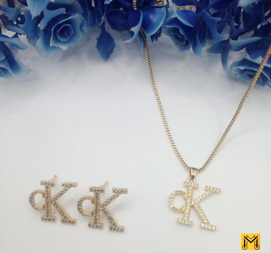 Women's Alphabet Design Gold Plated Gemstone Necklace Set – Unique 3 Pcs Jewelry Set