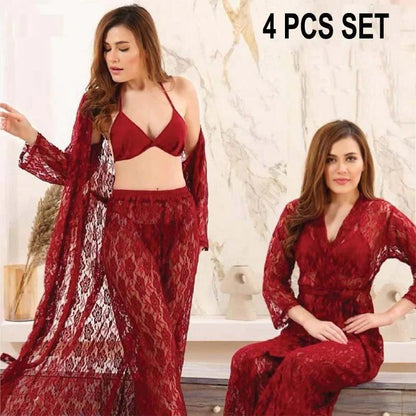 Maroon Women’s Embossed Net Nightwear Set – Lightweight & Breathable Free Size - JSJunoon.com