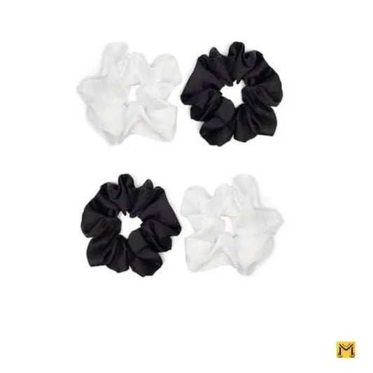 JS Junoon Pack of 4 Black & White Premium Silk Scrunchies – Gentle Hair Accessories for Women