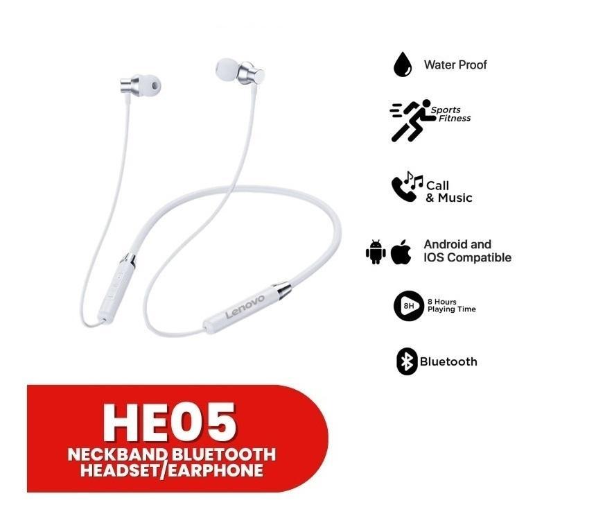 Lenovo HE05X Wireless Bluetooth 5.0 Neckband Earphones | Magnetic Sports Headset | Super Bass – White