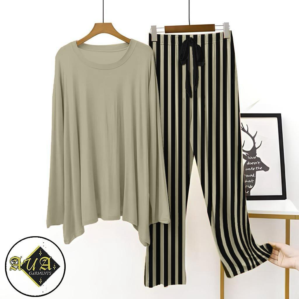 JS Junoon 2 Pcs Women's Stitched Cotton Jersey Plain Night Suit – Beige Lounge Wear with Printed Trouser