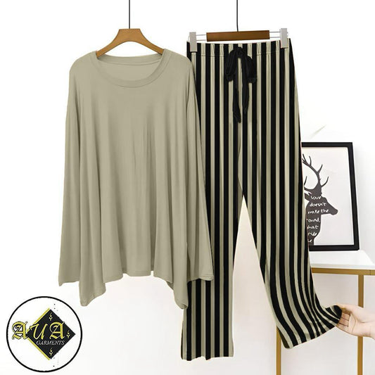 JS Junoon 2 Pcs Women's Stitched Cotton Jersey Plain Night Suit – Beige Lounge Wear with Printed Trouser