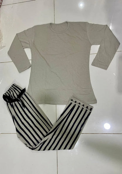 JS Junoon 2 Pcs Women's Stitched Cotton Jersey Plain Night Suit – Beige Lounge Wear with Printed Trouser - JSJunoon.com