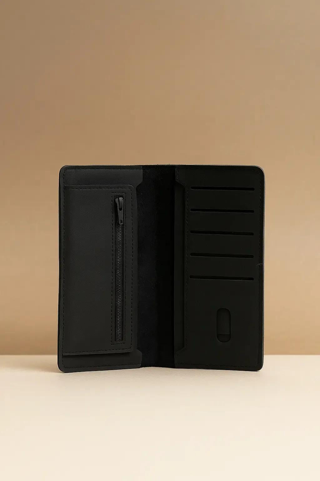 JS JUNOON Minimalist Jet Black Leather Card & Passport Holder – Slim, Pocket-Friendly Unisex Wallet, 1 Pc