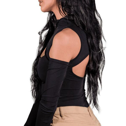 Zeva – Women’s Black Cotton Blend Western Top with Bold Cutout Design, Sleek Silhouette & Modern Style - JSJunoon.com