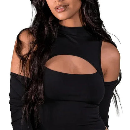 Zeva – Women’s Black Cotton Blend Western Top with Bold Cutout Design, Sleek Silhouette & Modern Style - JSJunoon.com