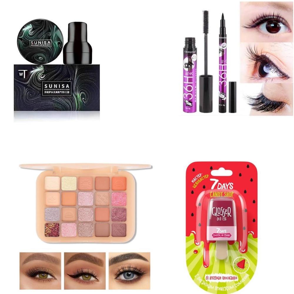 5 in 1 Makeup Deal – Sunisa Foundation, Eyeliner, Mascara, Lipgloss & Eyeshadow Palette, Long Lasting Liquid Kit