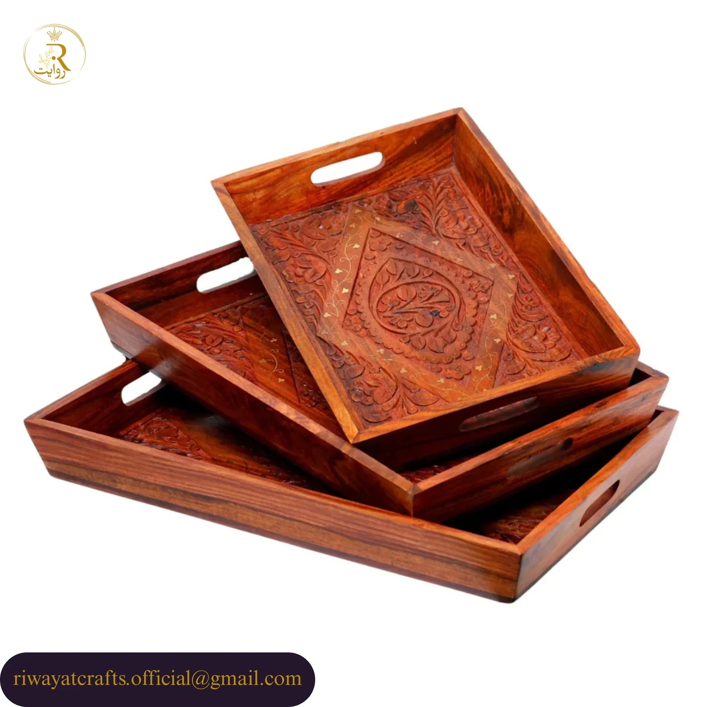 JS Junoon Hand-Carved Wooden Serving Tray Set – 3-Piece