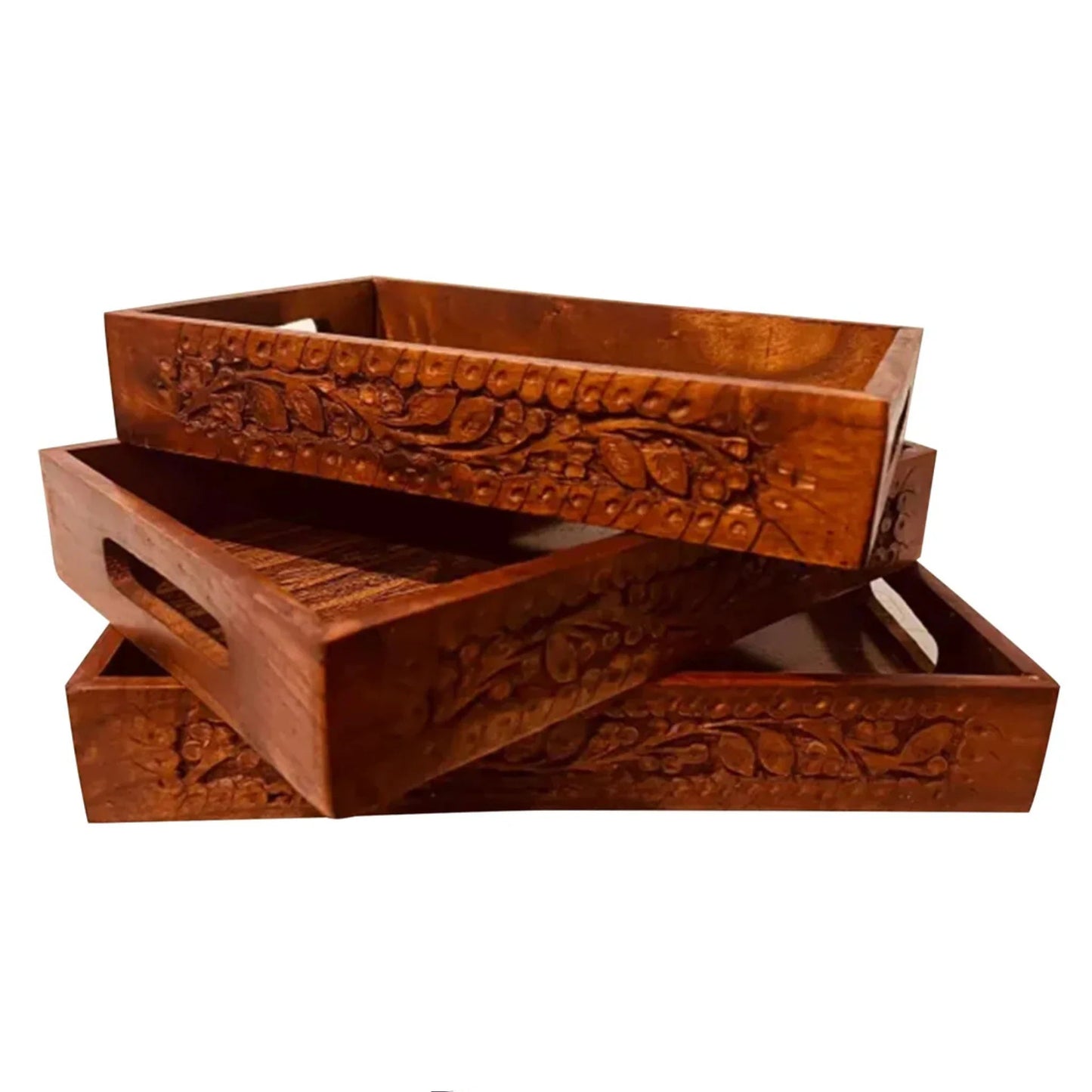 JS Junoon Traditional Hand-Carved Wooden Serving Tray Set – 3-Piece