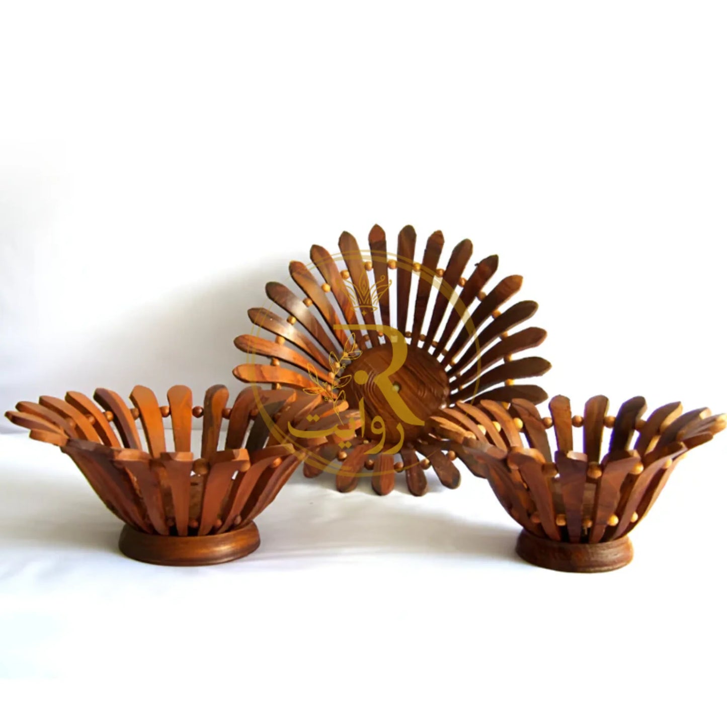 JS Junoon Handcrafted Wooden Fruit Basket Set – 3-Piece Dining & Kitchen Décor
