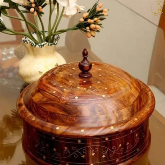 JS Junoon Handcrafted Wooden Roti Hotpot with Brass Work (With Steel Bowl) – Traditional Kitchenware
