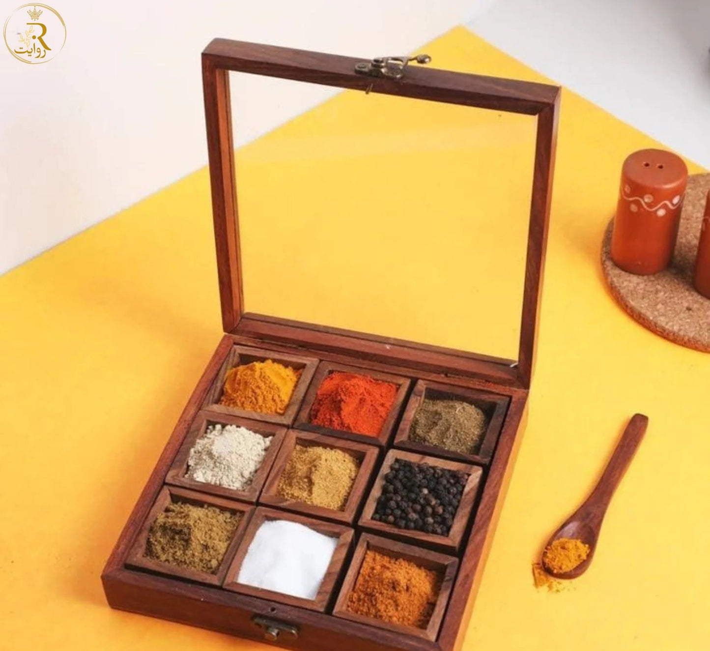 JS Junoon Wooden Spice Box with Glass Lid – Handcrafted Kitchen Organizer