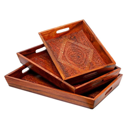JS Junoon Deal-3 | Wooden Serving Tray Set of 3 + Wooden Plate Set + 8-Piece Wooden Cooking Spoon Set – Handcrafted Kitchen Combo - JSJunoon.com