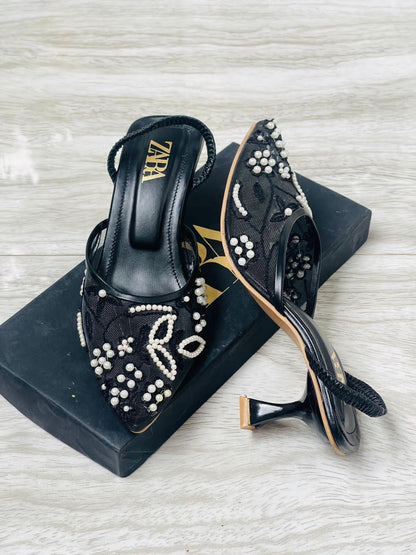 ZARA Women’s Embroidered Net Pumps – Black, White, Beige – Elegant Party Wear Heels - JSJunoon.com