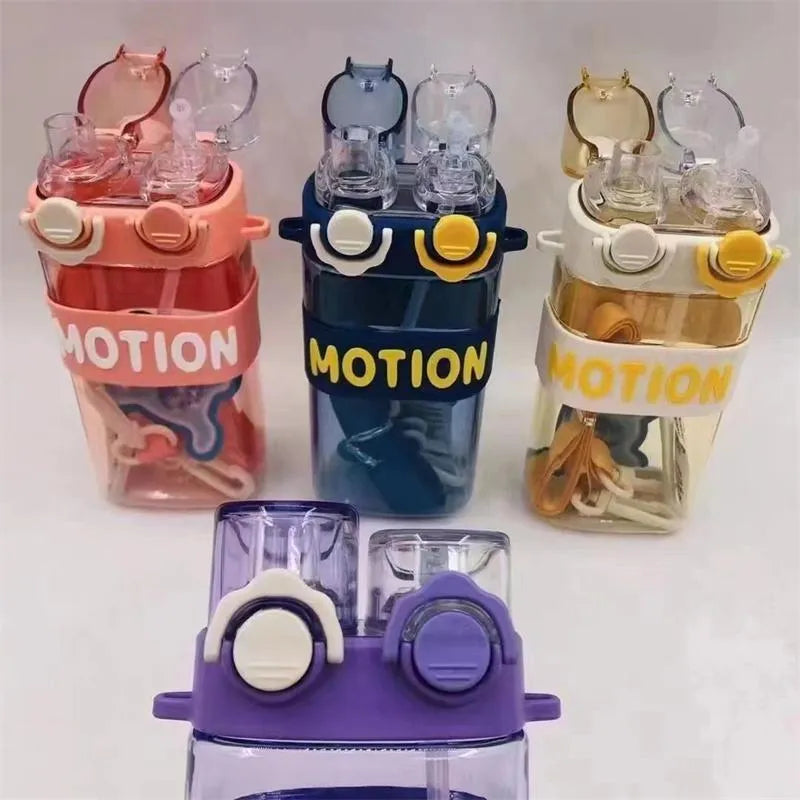 500ml Kids Dual Straw Water Bottle with Strap – Crossbody Portable Travel Bottle | Plastic, Leak-Proof, Multicolor