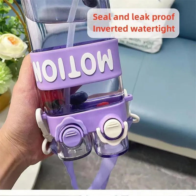 500ml Kids Dual Straw Water Bottle with Strap – Crossbody Portable Travel Bottle | Plastic, Leak-Proof, Multicolor