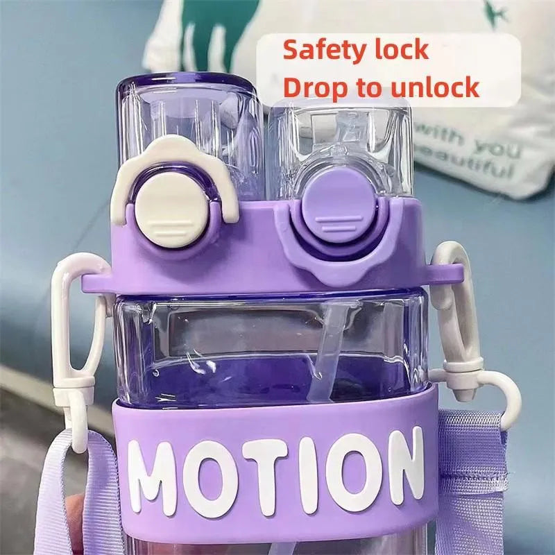 500ml Kids Dual Straw Water Bottle with Strap – Crossbody Portable Travel Bottle | Plastic, Leak-Proof, Multicolor