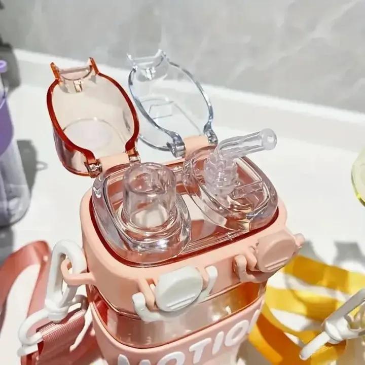 500ml Kids Dual Straw Water Bottle with Strap – Crossbody Portable Travel Bottle | Plastic, Leak-Proof, Multicolor