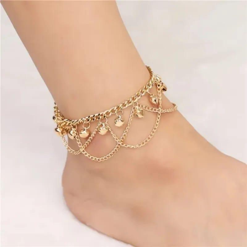 JS Junoon Stunning Gold Plated Pair of Bells Anklet – 2 Pcs Women’s Adjustable Jewelry