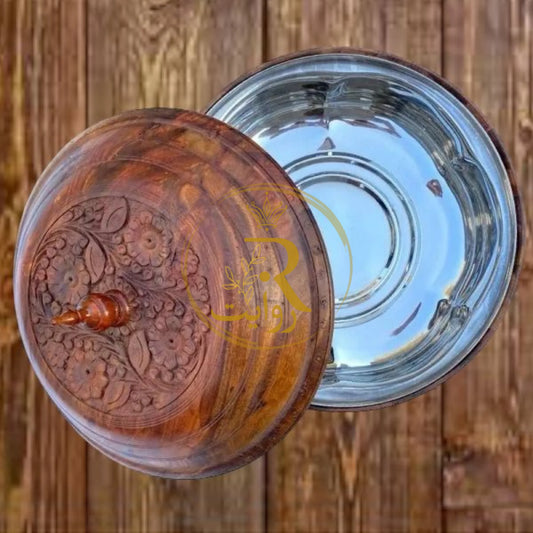 JS Junoon Handcrafted Wooden Roti Hotpot with Brass Work (With Steel Bowl) – Traditional Kitchenware