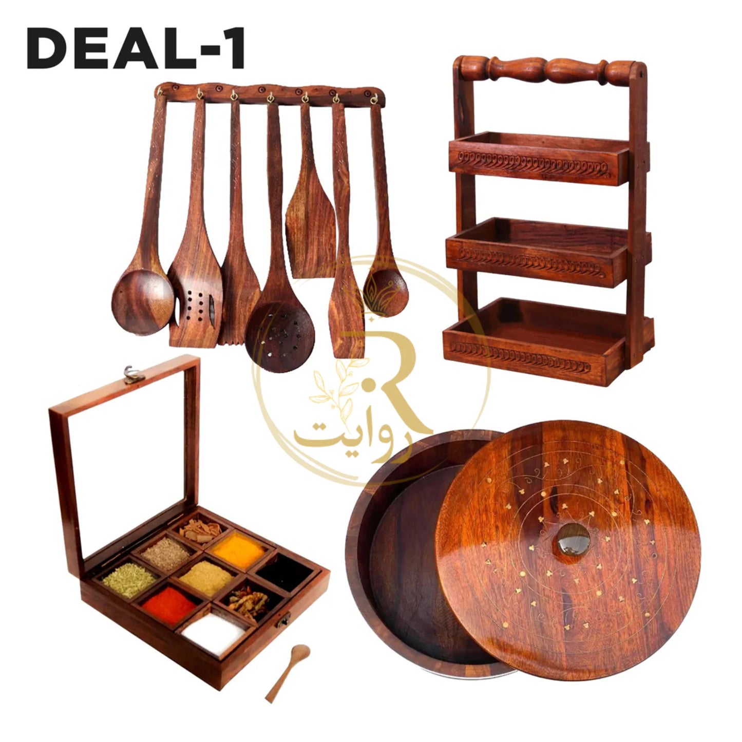 JS Junoon Deal-1 | Wooden Hotpot (Without Steel Bowl) + Wooden Masala Box + Spoon Stand + 8-Piece Cooking Spoon Set – Handcrafted Kitchen Combo