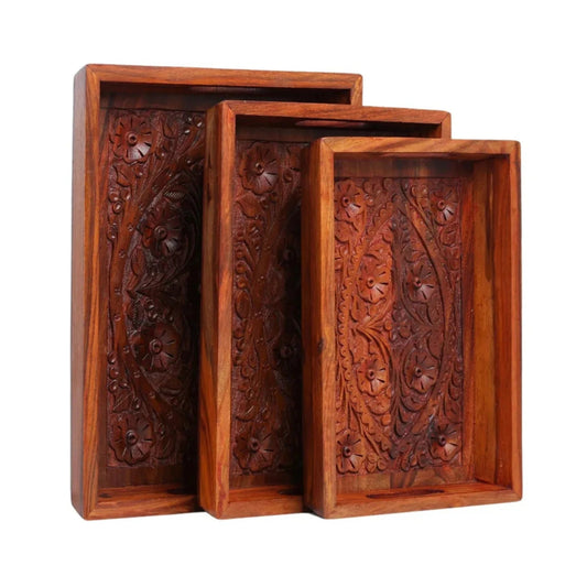 JS Junoon Hand-Carved Wooden Serving Tray Set – 3-Piece