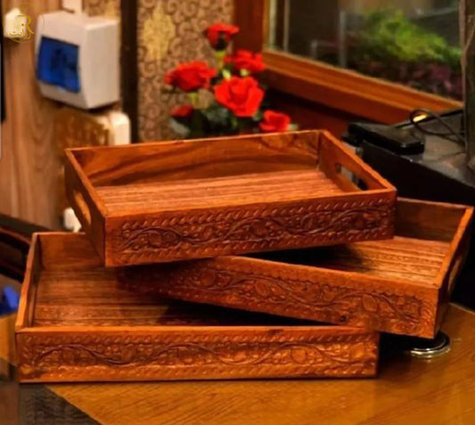JS Junoon Traditional Hand-Carved Wooden Serving Tray Set – 3-Piece