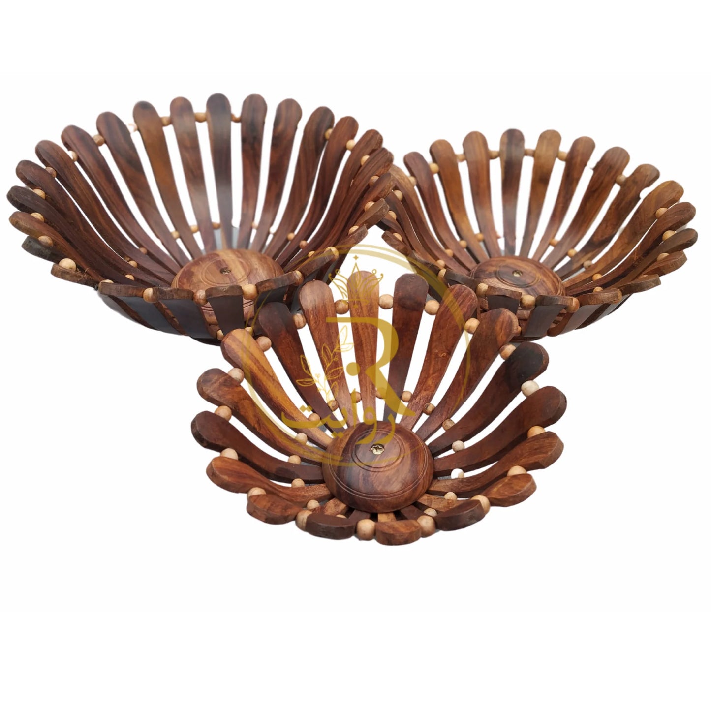 JS Junoon Handcrafted Wooden Fruit Basket Set – 3-Piece Dining & Kitchen Décor